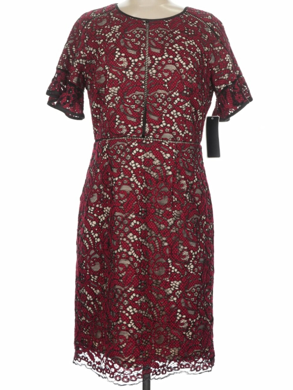 Shani Size 8 Red/Black  Lace Cocktail Dress Lined Bell Sleeve NWT